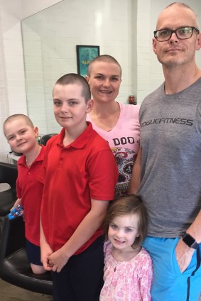 The family that shaves together, stays together, generous-hearted Annabelle Wright (left) aged eight who shaved her hair for the Leukaemia Foundation’s World’s Greatest Shave on March 14. She also persuaded mum Cristy, dad David and brother Oliver to do the same. They are pictured with Annabelle's little sister Alice, four.