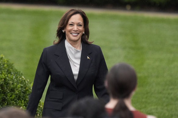 Vice President Kamala Harris arrives to speak from the South Lawn of the White House in Washington, 