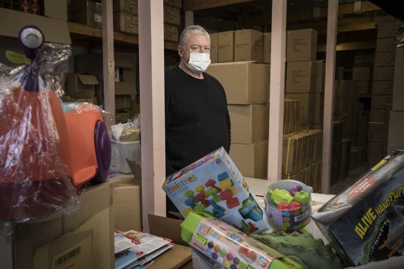 Toy importer Peter O’Brien, of New Dimension Oz, in his warehouse. 