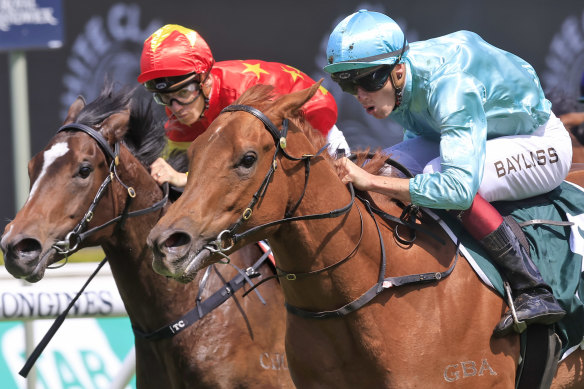 Platinum Jubilee surges to victory in the Gimcrack Stakes at Randwick last year.