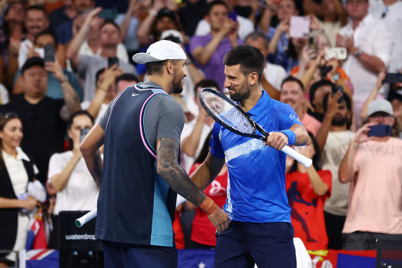 Novak Djokovic and Nick Kyrgios celebrate winning their mens’s doubles match against Andreas Mies and Alexander Erler.