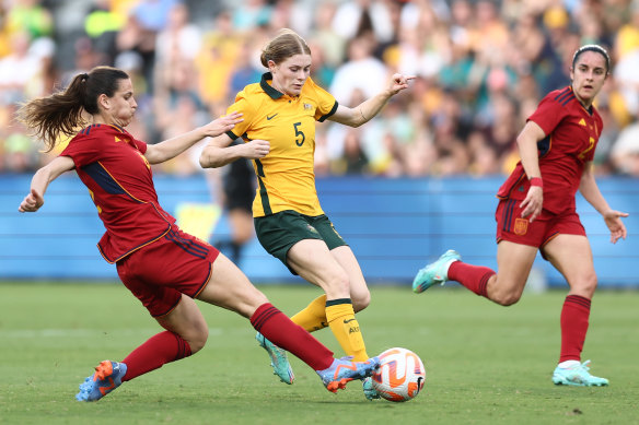 Cortnee Vine takes on the Spain defence in Australia’s Cup of Nations win in February.