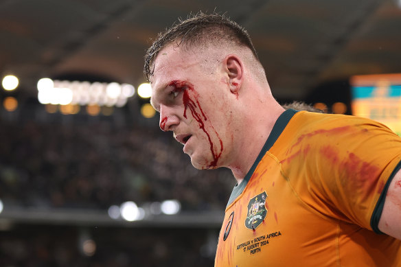 Angus Bell leaves the field against the Springboks in Perth.