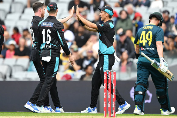 The Kiwis celebrate the early dismissal of Australian opener Steve Smith in Sunday’s T20I