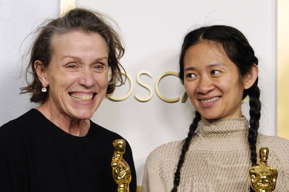 Frances McDormand and Chloe Zhao, winners of Best Picture for Nomadland at the Oscars on Sunday at Union Station in Los Angeles.
