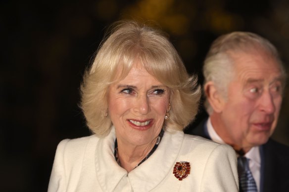 Camilla, Queen Consort, leaves the carols event.