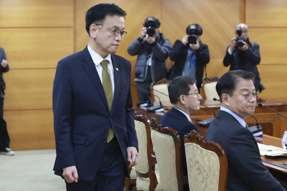 South Korea’s acting President Choi Sang-mok arrives to speak in the National Security Council,