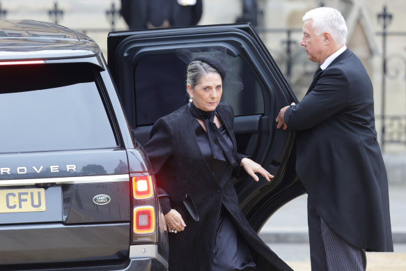 Susan Rhodes, a lady-in-waiting to Queen Elizabeth II, arrives at Westminster Abbey ahead of The State funeral of Queen Elizabeth II.