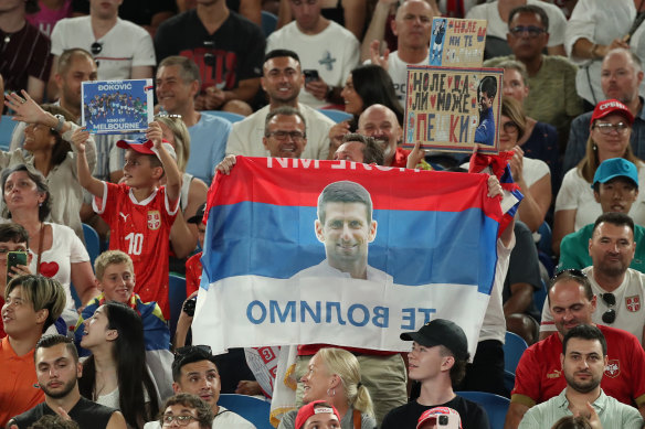 Serbian fans at Rod Laver Arena in support of Novak Djokovic.