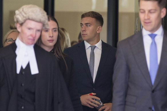 Sinclair with his barrister Sharyn Hall (left), who asked Kate if there had been a “struggle” during the alleged assault.