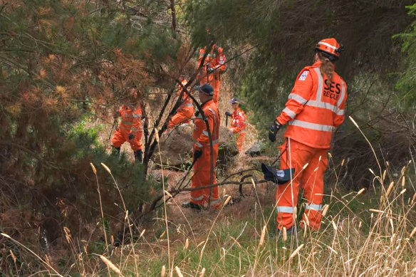 Police and SES members search for missing Bannockburn woman Lorrin Whitehead near Shelford on Tuesday.