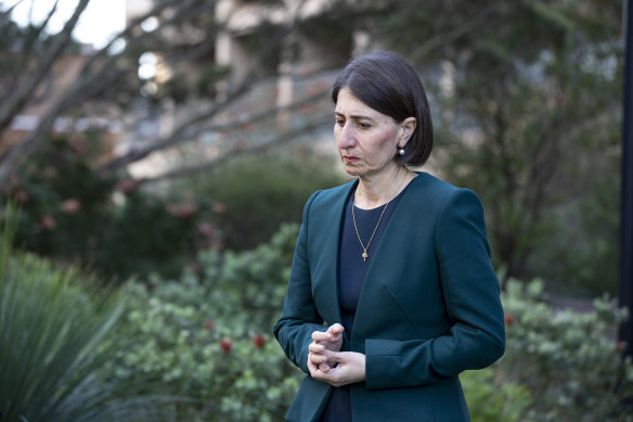 Then-premier Gladys Berejiklian fronts the media after her ICAC inquiry revelations about a personal relationship with Daryl Maguire.