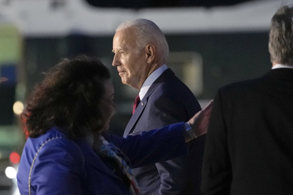 US President Joe Biden arrives at Stansted Airport in England before heading to Lithuania to attend the NATO summit.