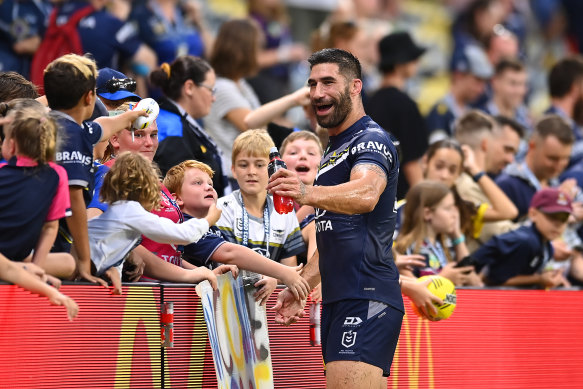 James Tamou greets Cowboys fans after the win over the Canberra Raiders at Qld Country Bank Stadium.