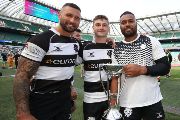 Quade Cooper, Jack Maunder and Samu Kerevi celebrate with the Killik Cup.