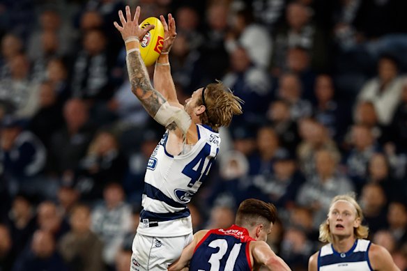 Tom Stewart leaps for a mark on his return from injury.