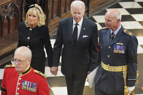 First lady Jill Biden and US President Joe Biden at Westminster Abbey for the Queen’s funeral last September.