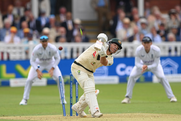 David Warner is bowled by Josh Tongue for 66.