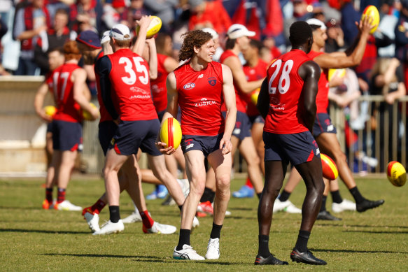 Ben Brown and the Demons train in Perth on Friday.