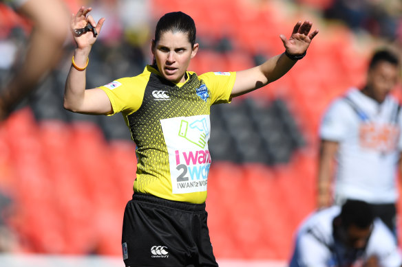 In charge: Referee Kasey Badger will make history at the Rugby League World Cup.