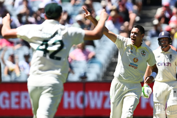 Scott Boland after snaring the vital wicket of Joe Root.