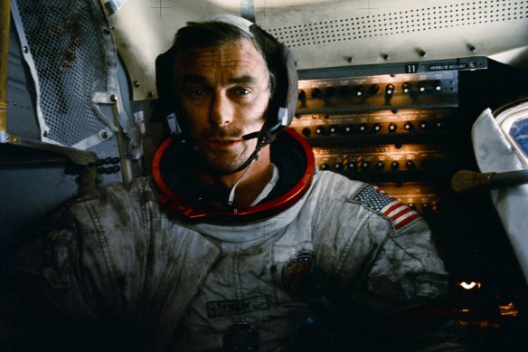 Apollo 17 mission commander Gene Cernan inside the lunar module on the moon after his second moonwalk on December 12, 1972. His spacesuit is covered with moon dust, giving him “lunar hayfever”.