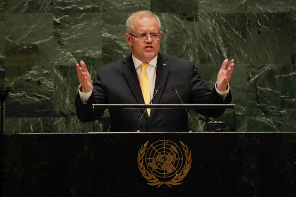 Prime Minister Scott Morrison addresses the United Nations General Assembly.