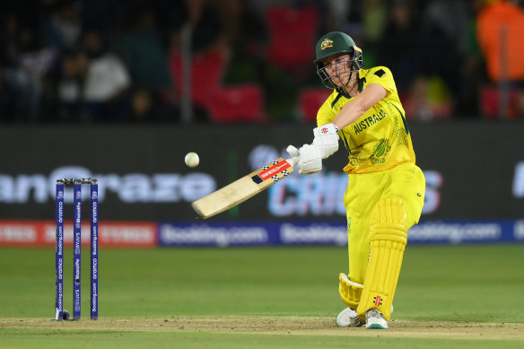 Tahlia McGrath plays a shot during the match between against South Africa.