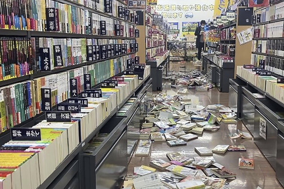 Books are scattered at a bookstore in Niigata, Japan following an earthquake.