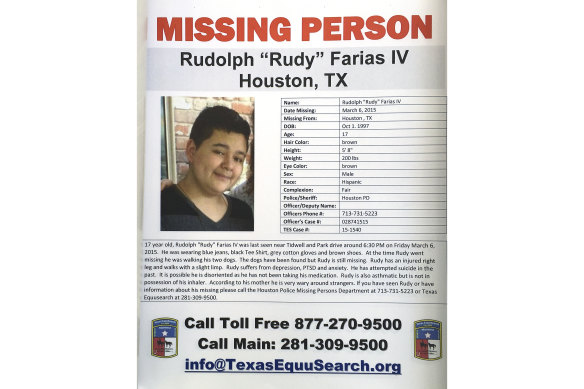 A missing poster for Rudolph “Rudy” Farias IV is shown during the Missing Person Day event in January 2016. 