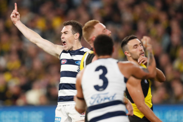 Pointing to victory: Geelong’s Jeremy Cameron.