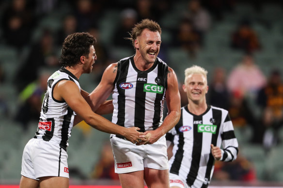 Dunn not done: Lynden Dunn celebrates a goal in his comeback from injury during round 11.