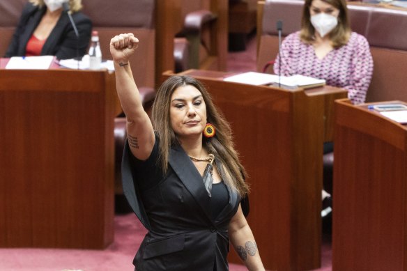 Greens Senator Lidia Thorpe approaches the table to be sworn in at Parliament House last week.