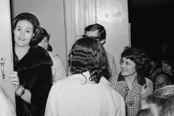 Joan Sutherland greets fans at she enters by the stage door at Her Majesty's Theatre.