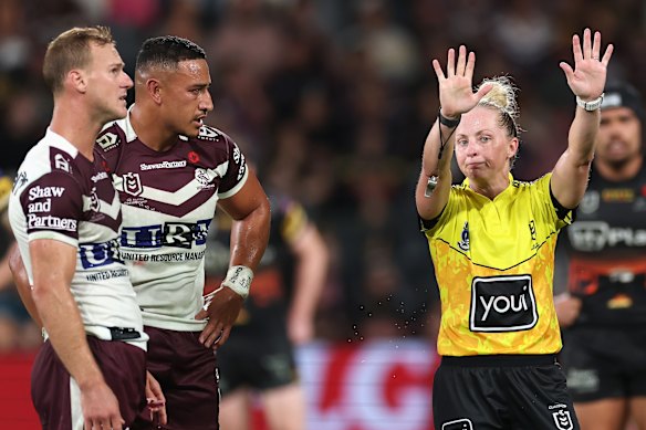 Manly’s Siosiua Taukeiaho is sent to the sin bin by Belinda Sharpe.