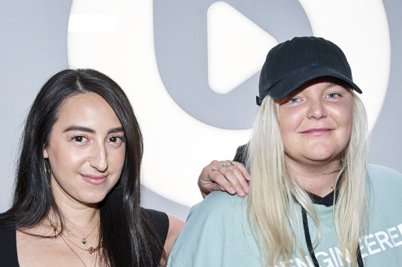 Tones and I (Toni Watson) with Brooke Reese, left, at Apple Music, Beats 1 studio in Culver City, Los Angeles