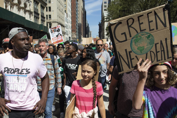 Greta Thunberg takes part in the climate strike in New York.