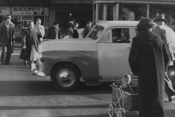 "If the campaign can save only one or two lives, it will be worthwhile." Pedestrian crossing, Taylor Square, June 22, 1956.