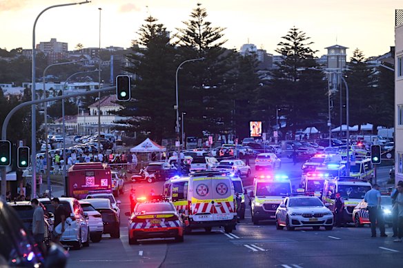 Emergency services responding to the shooting at Bondi Beach on December 14.