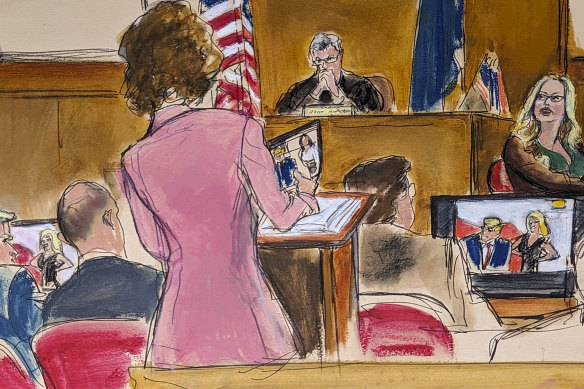 Defence lawyer Susan Necheles (in pink) cross-examines Stormy Daniels (right) as Donald Trump (left) looks on in Manhattan criminal court.
