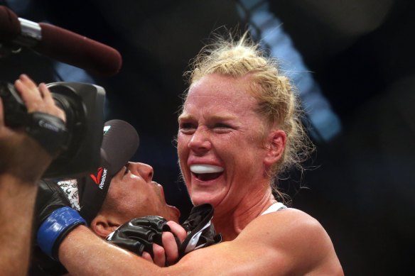 Holly Holm celebrates after her spectacular win over Ronda Rousey in Melbourne in 2015.