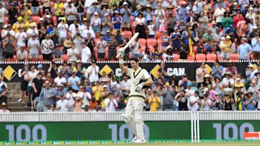 Warm reception: Kurtis Patterson celebrates his maiden Test century in his second Test match.