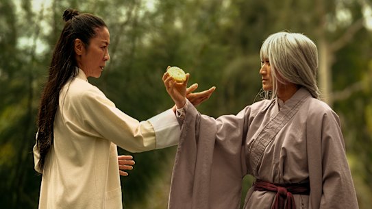 Michelle Yeoh (left) and Jing Li  in a scene from Everything Everywhere All At Once.