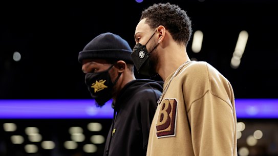 Ben Simmons, pictured here with Kevin Durant, is edging closer to his Brooklyn debut.