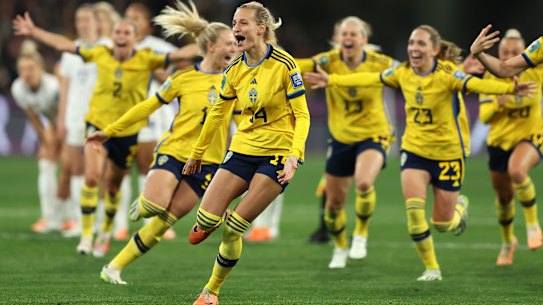 Nathalie Bjorn and her Sweden teammates celebrate a win for the ages.