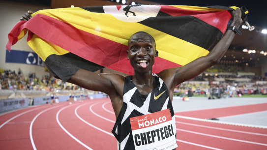 Joshua Cheptegei celebrates breaking the men’s 5000 metre record in Monaco last year.