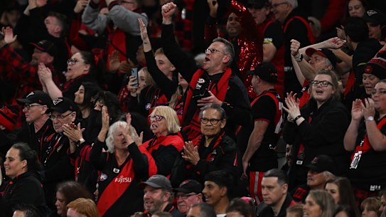 The Essendon faithful in full cry after the stirring win over GWS Giants on May 11.