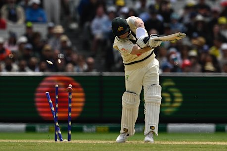 Steve Smith is bowled by Josh Tongue on Boxing Day.