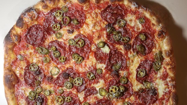 Hot Salami pizza with jalapenos.