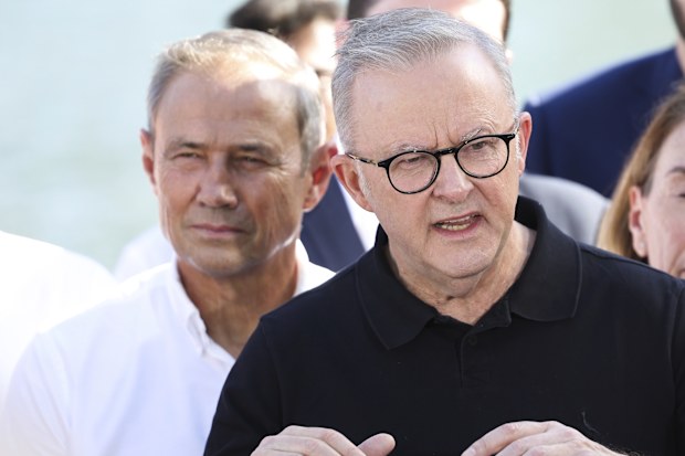 WA Premier Roger Cook and Prime Minister Anthony Albanese at a press conference at Elizabeth Quay in Perth, Western Australia, on Saturday 12 April 2025, during the 2025 federal election campaign. fedpol Photo: Alex Ellinghausen